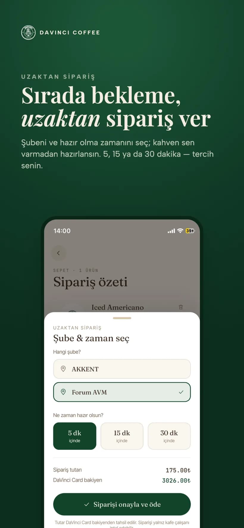 Uzaktan sipariş: şube ve zaman seçimi ekranı