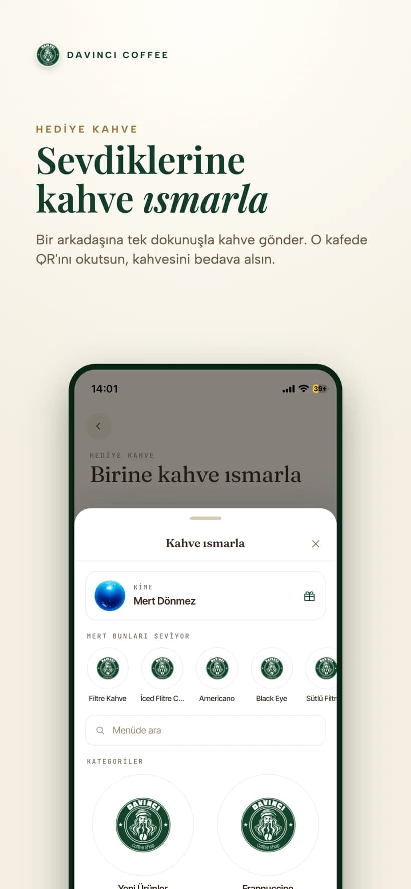 Hediye kahve ısmarlama ekranı